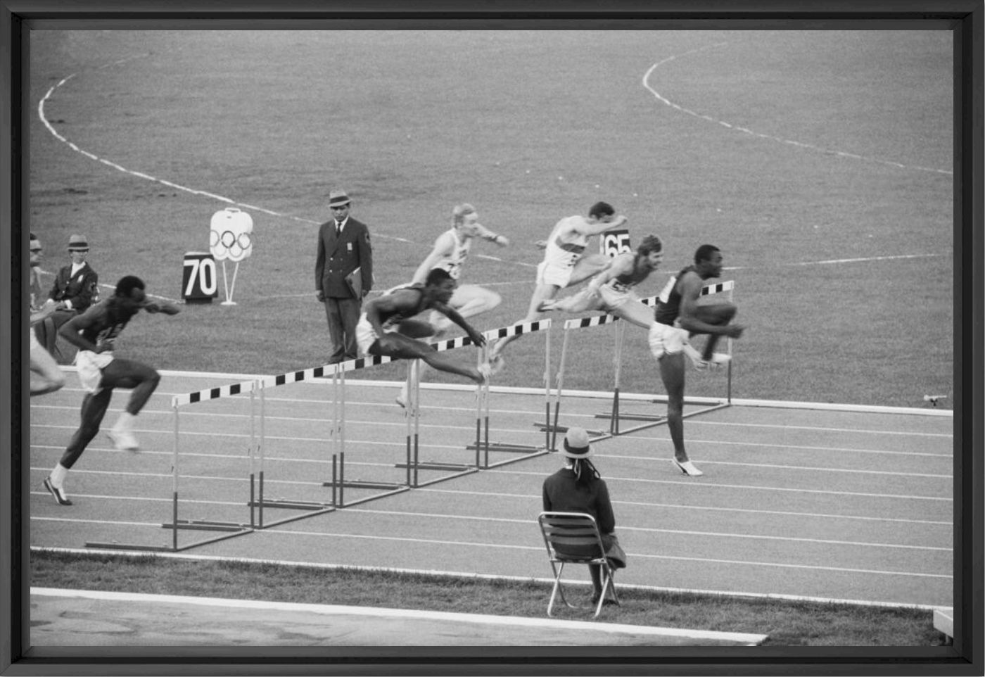 Finale du 110 m&egrave;tres haies aux Jeux Olympiques de Mexico gagn&eacute; par l'am&eacute;ricain Davenport le 17 octobre 1968 -  GAMMA RAPHO - Photographie
