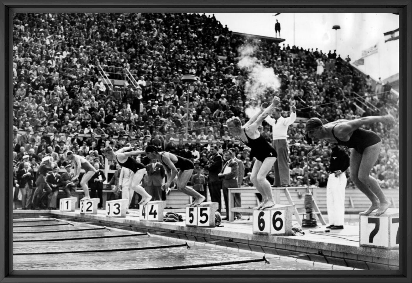 Les nageurs au d&eacute;part d'une &eacute;preuve de natation aux Jeux Olympiques de Berlin le 5 ao&ucirc;t 1936 -  GAMMA RAPHO - Fotograf&iacute;a