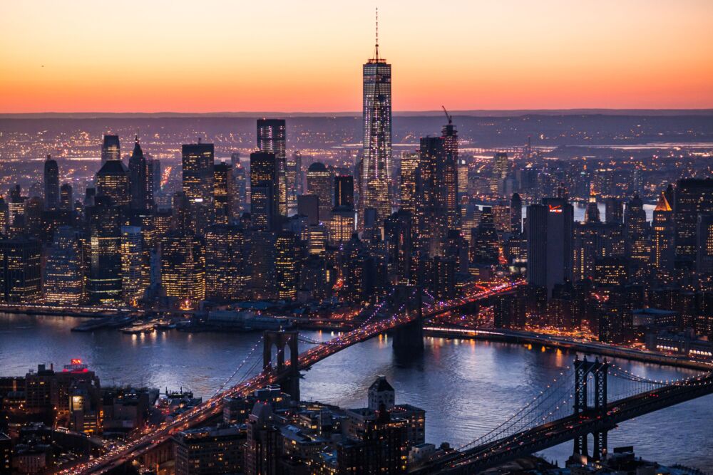 NEW YORK CITY SUNSET FROM HELICOPTER