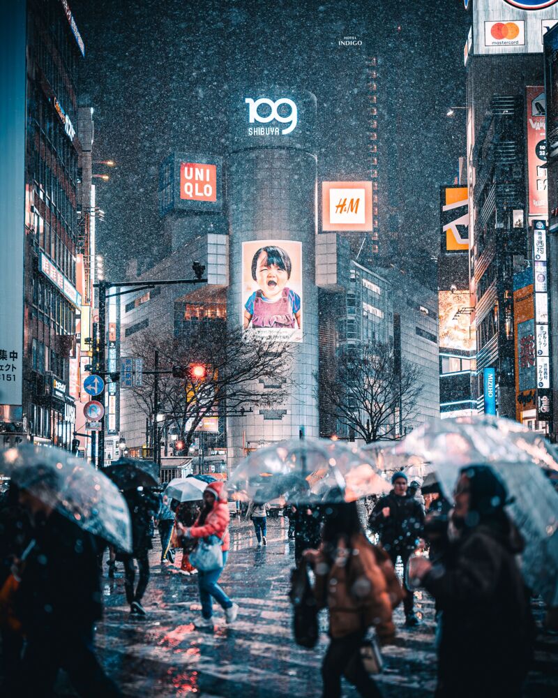 Snowing night in Shibuya