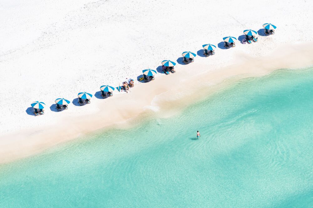 Blue and white striped umbrellas